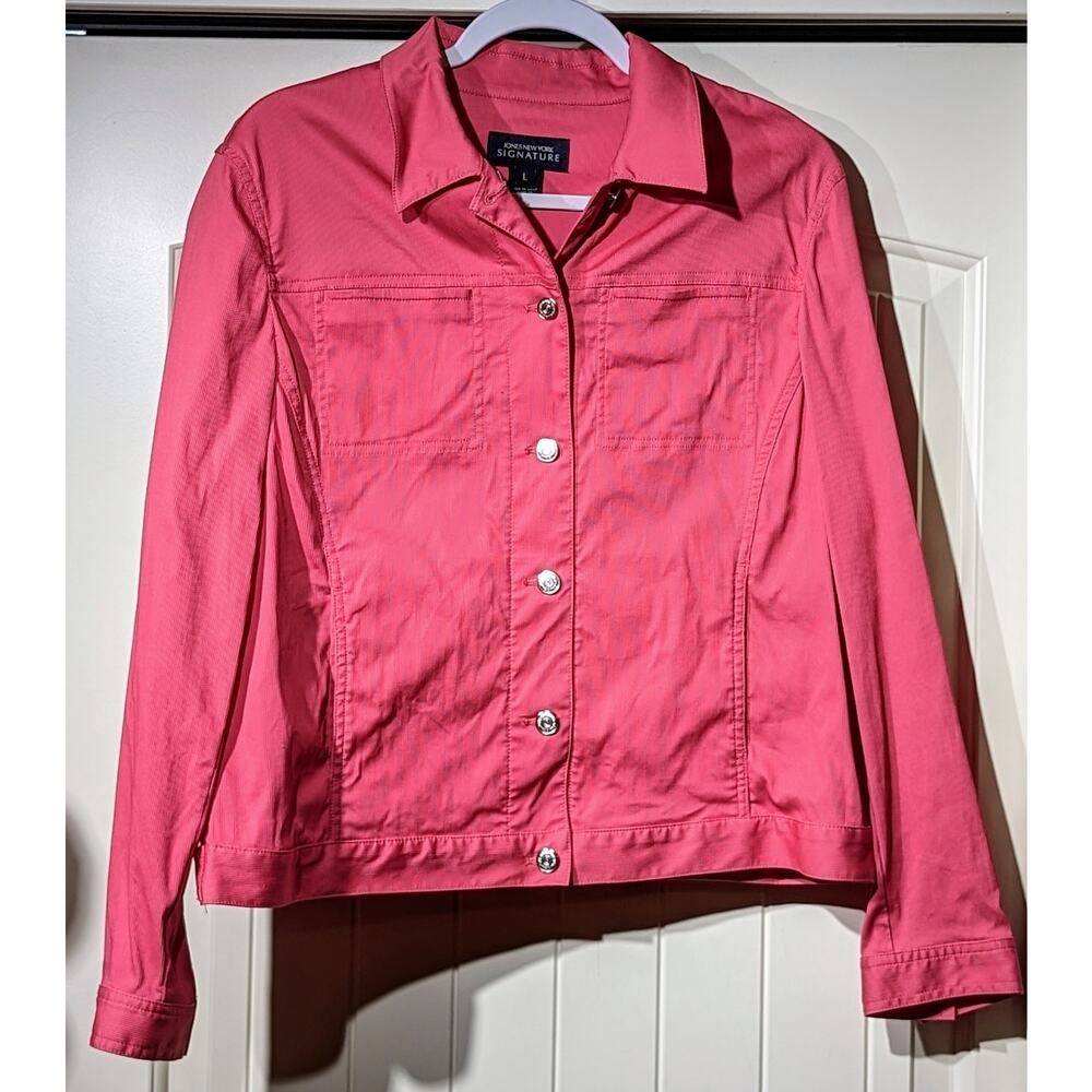 Jones New York Signature Pink/Salmon Cotton Stretch Button Up Jacket Womens Sz L